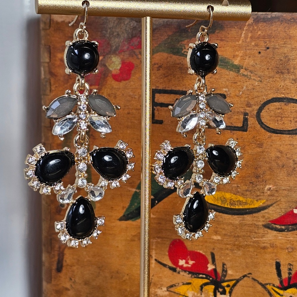 Black Gold Chandelier Dangle Earrings Women OS Statement Rhinestone Cabochon